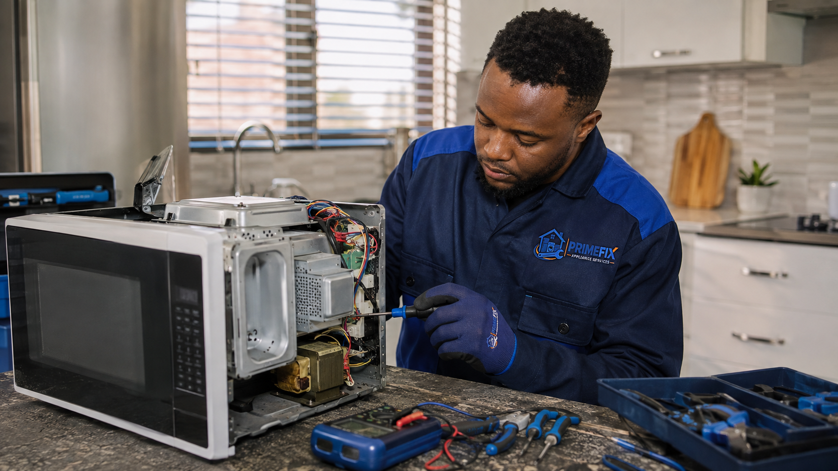 PrimeFix technician providing microwave repairs